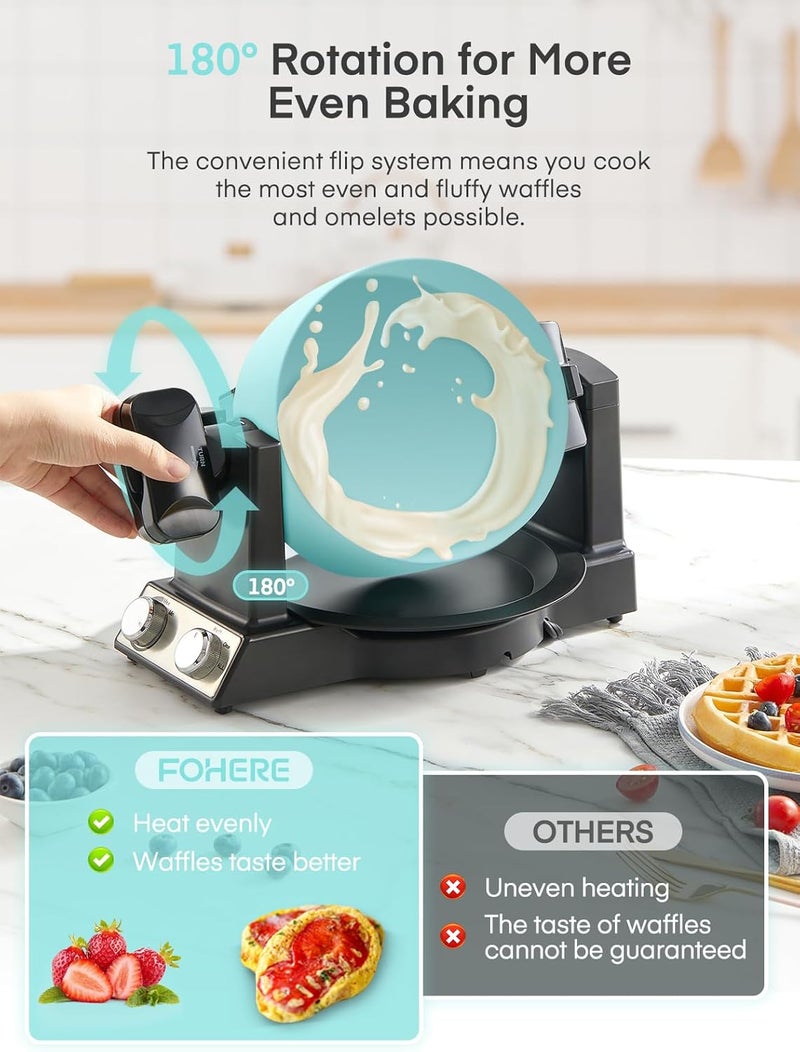 FOHERE 2-in-1 Omelette Maker&Waffle Maker, 1400W Omelet Waffle Maker 180° Flip, Adjustable Browning Control, Non-Removable & Nonstick Pans, Make Two Omelet and One Waffle at Once for Home (Mint Green) - Image 4